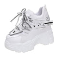 Women's black and white mesh platform sports shoes with cross strap and 6-8cm heel