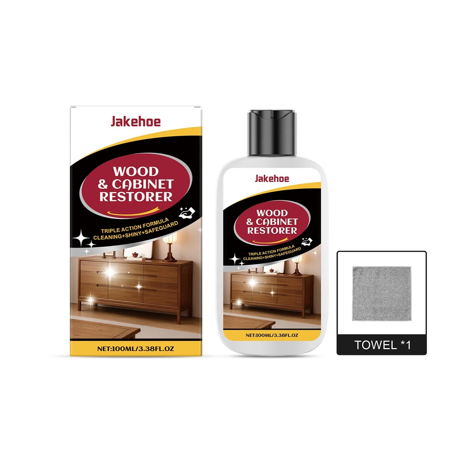 Wooden furniture scratch care kit showing 100ml bottle and 20cm x 20cm polishing cloth