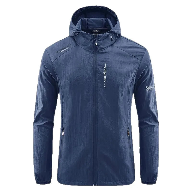 Men's lightweight nylon hooded jacket in light grey colour for summer outdoor sun protection