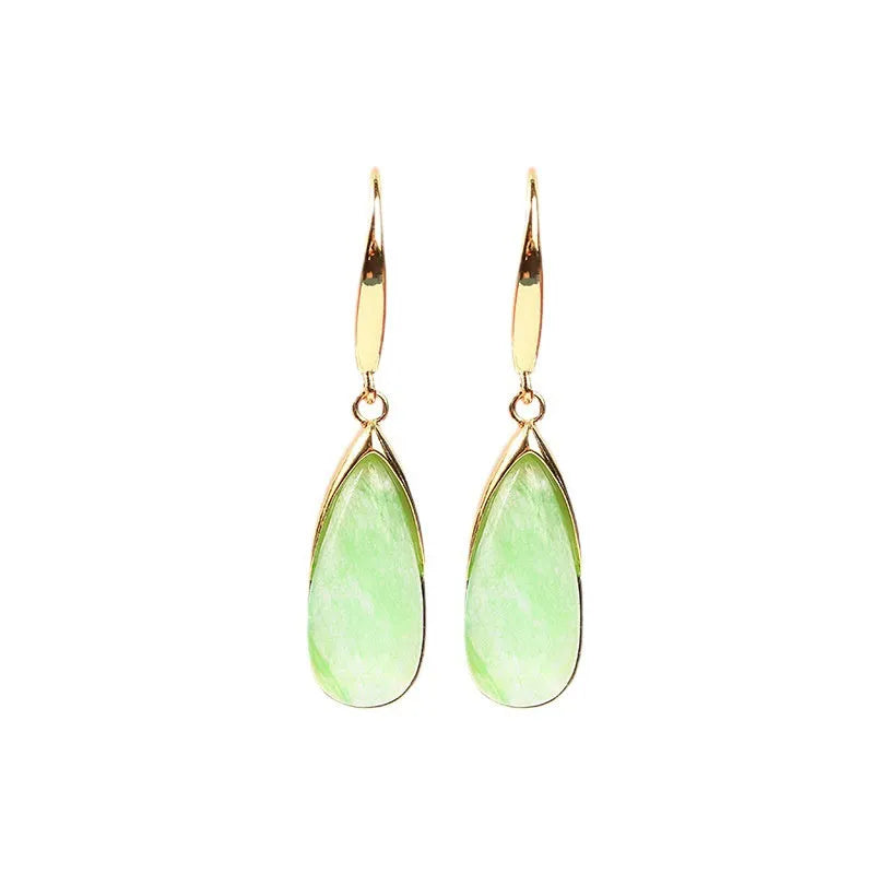 A pair of jade green retro Chinese-style geometric earrings with water droplet details.