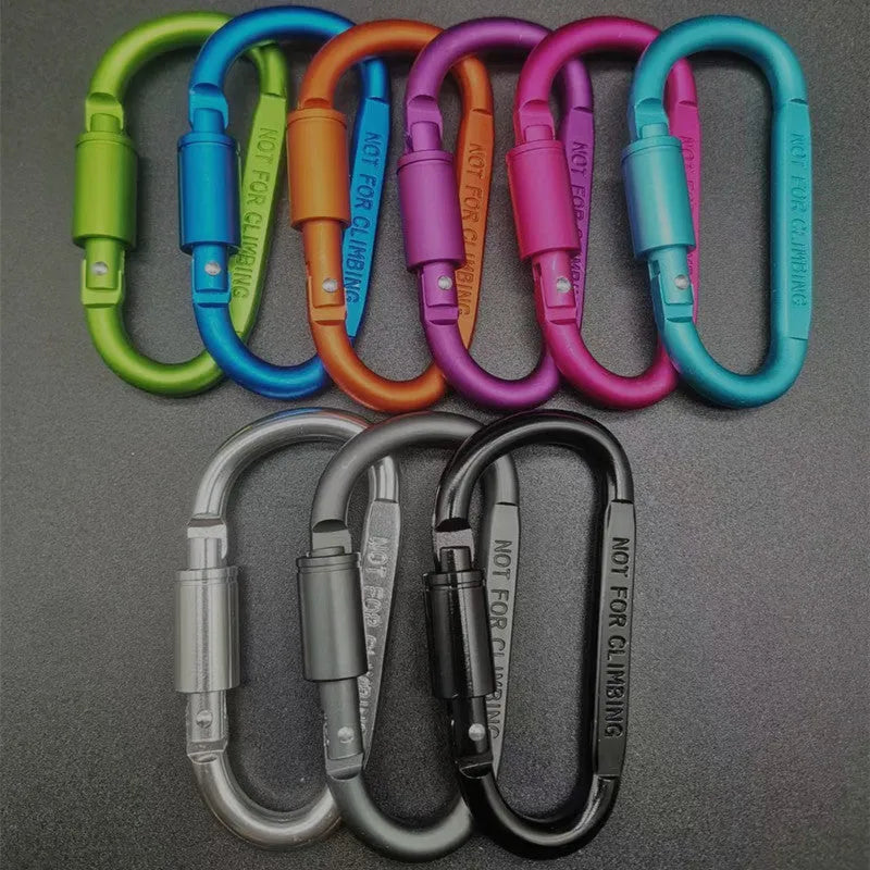 D-type aluminium locking carabiner, 8cm flat, shown in one of ten available colours.
