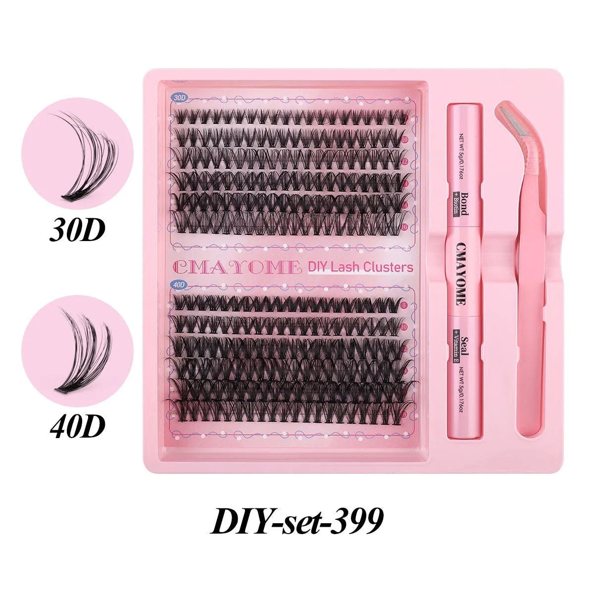 DIY single cluster false eyelashes set with adhesive and applicator tool on a white background.