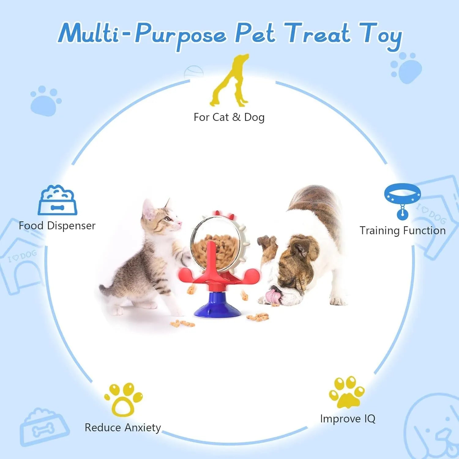 Blue interactive pet puzzle feeder toy with rotating spinner and sucker base for cats and dogs