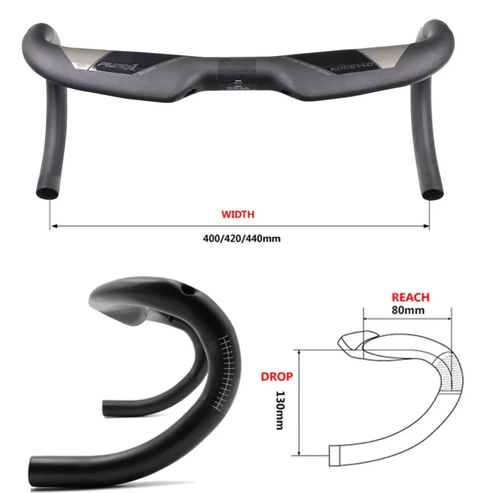 Wei Bike matt carbon fibre bent road bicycle handlebar showing its curved shape.