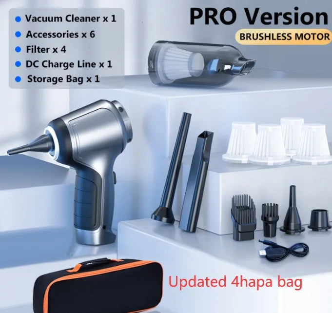 A handheld cordless vacuum cleaner with a car mount, shown on a car seat.