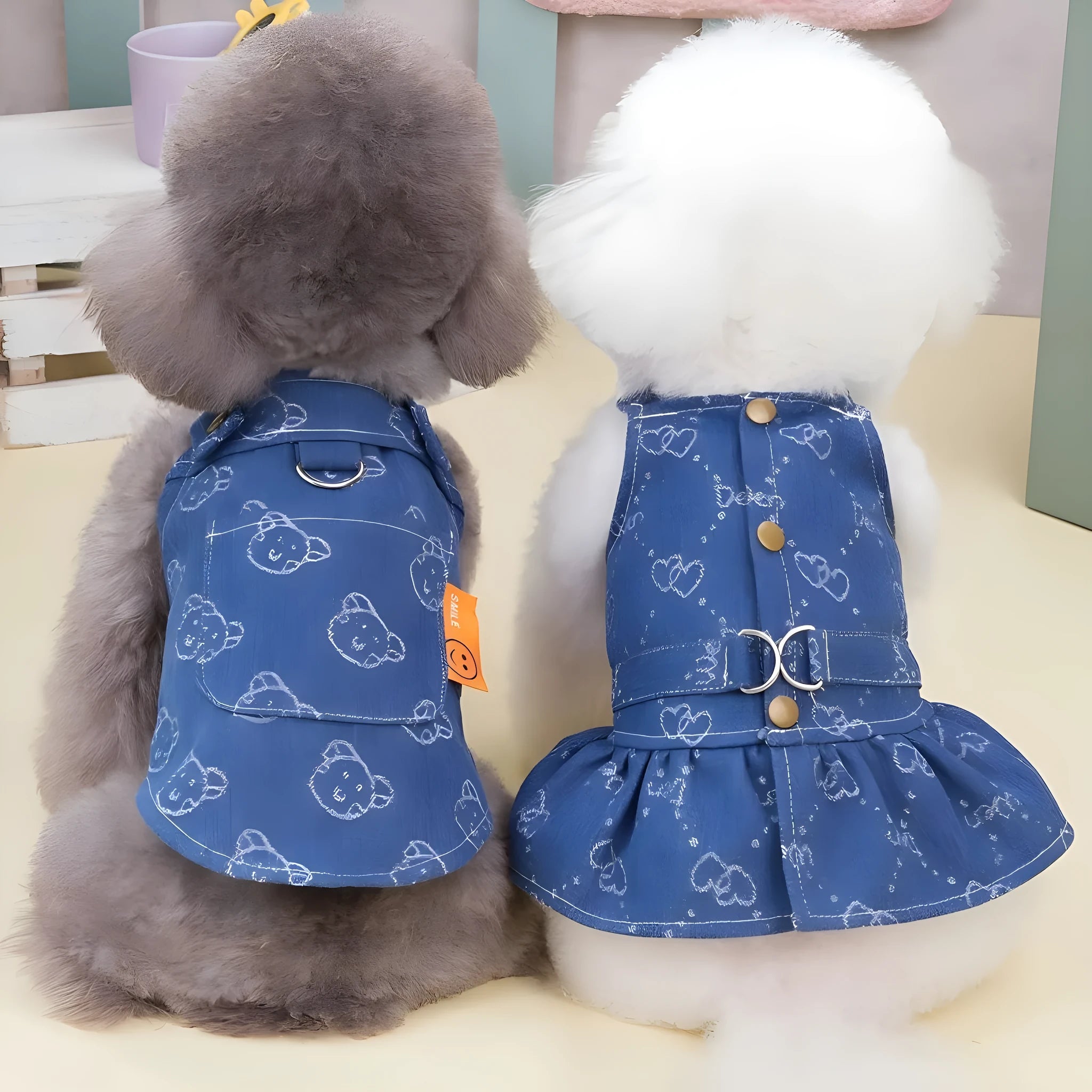 Small dog wearing a denim Princess dress in a bracket-skirt style.