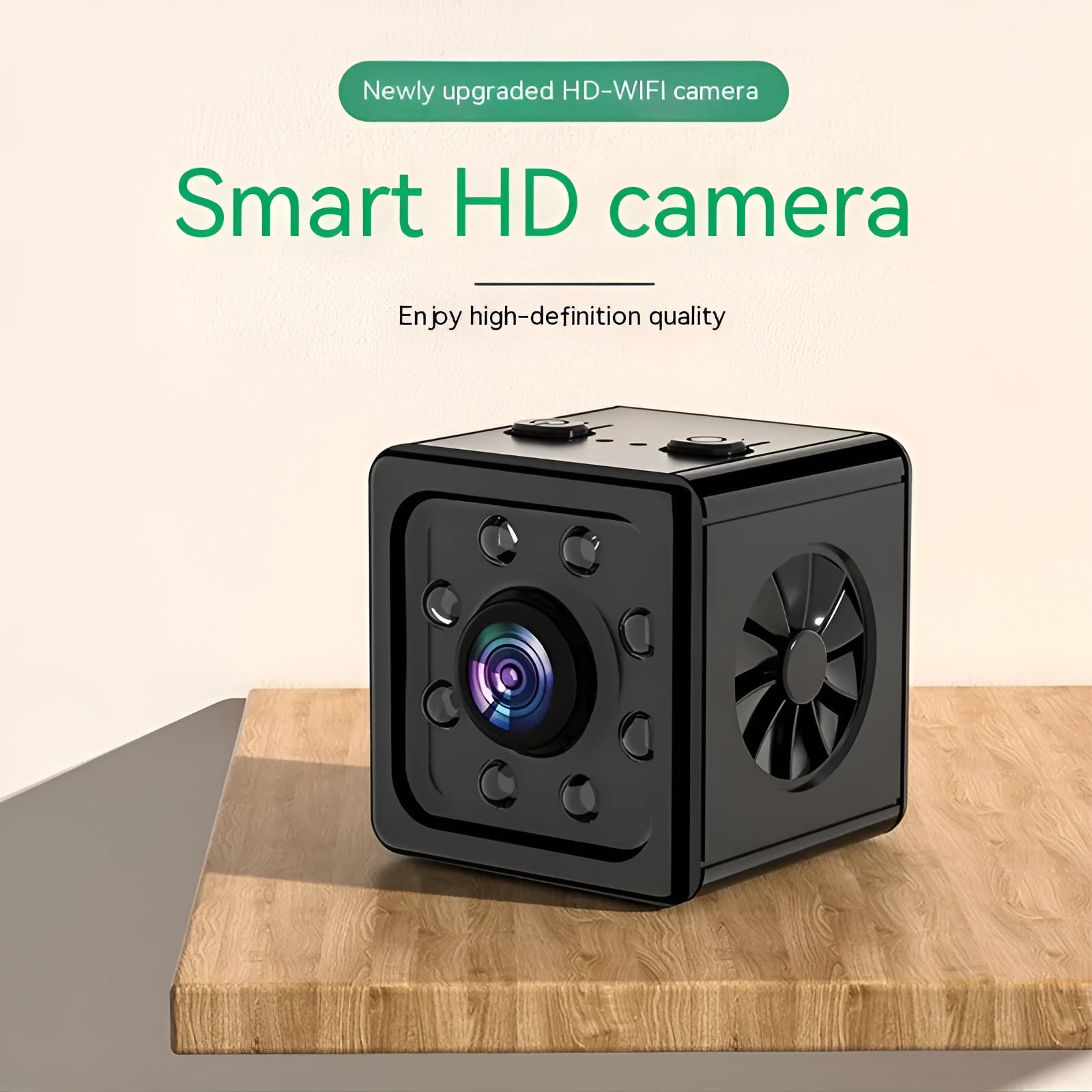 Black cubic sports camera with mounting bracket on white background