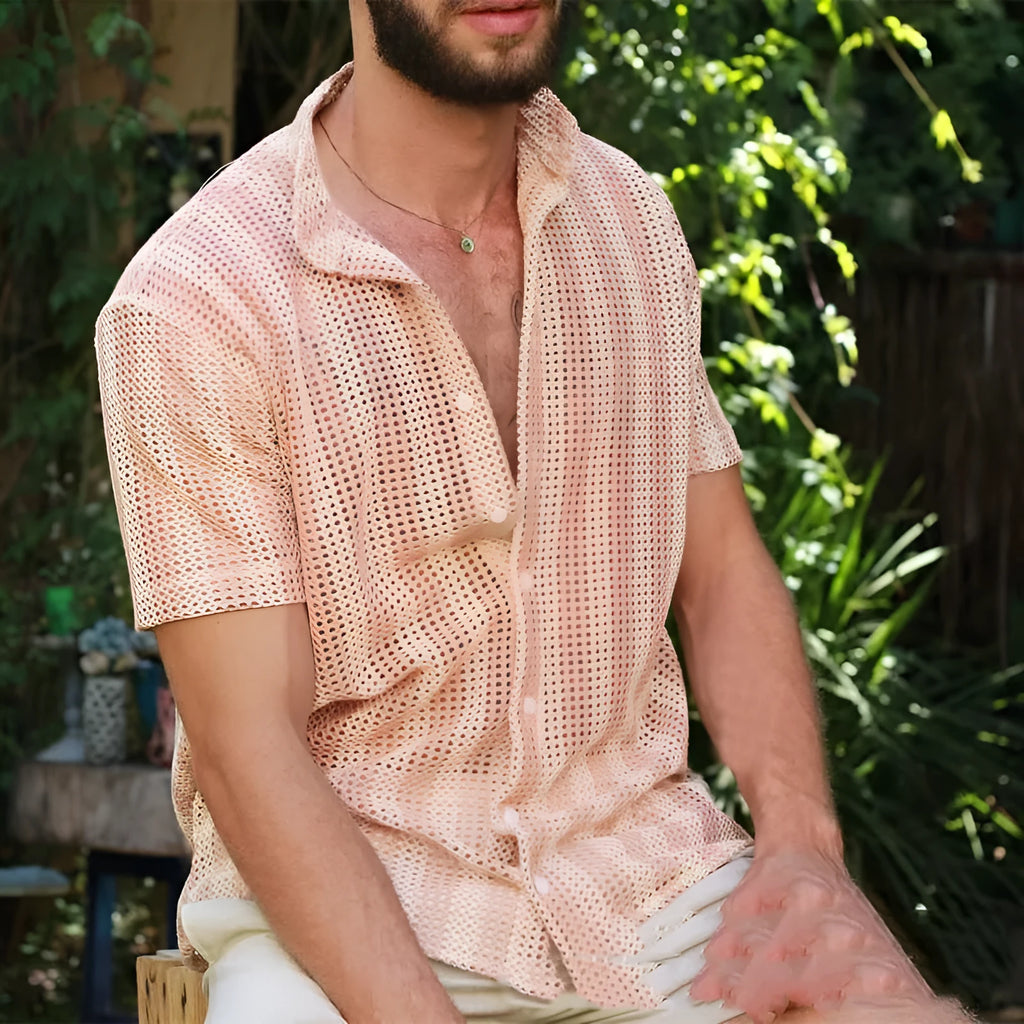 Men's pink waffle texture cardigan shirt with loose fit and short sleeves
