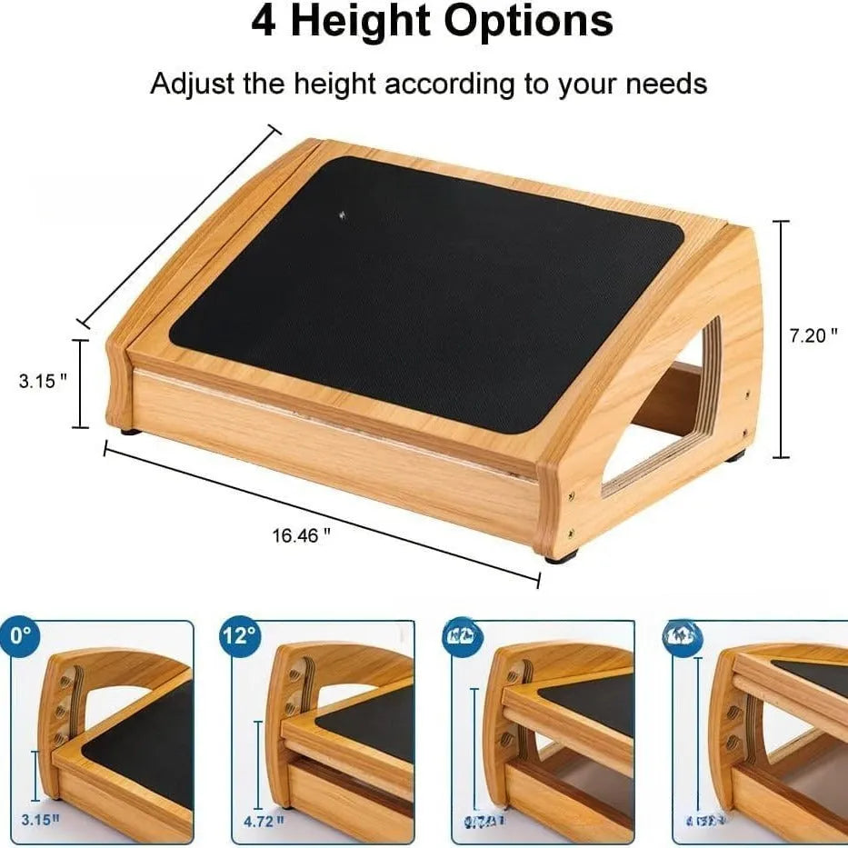 Adjustable bamboo office desk footstool in natural wood colour with modern simple design