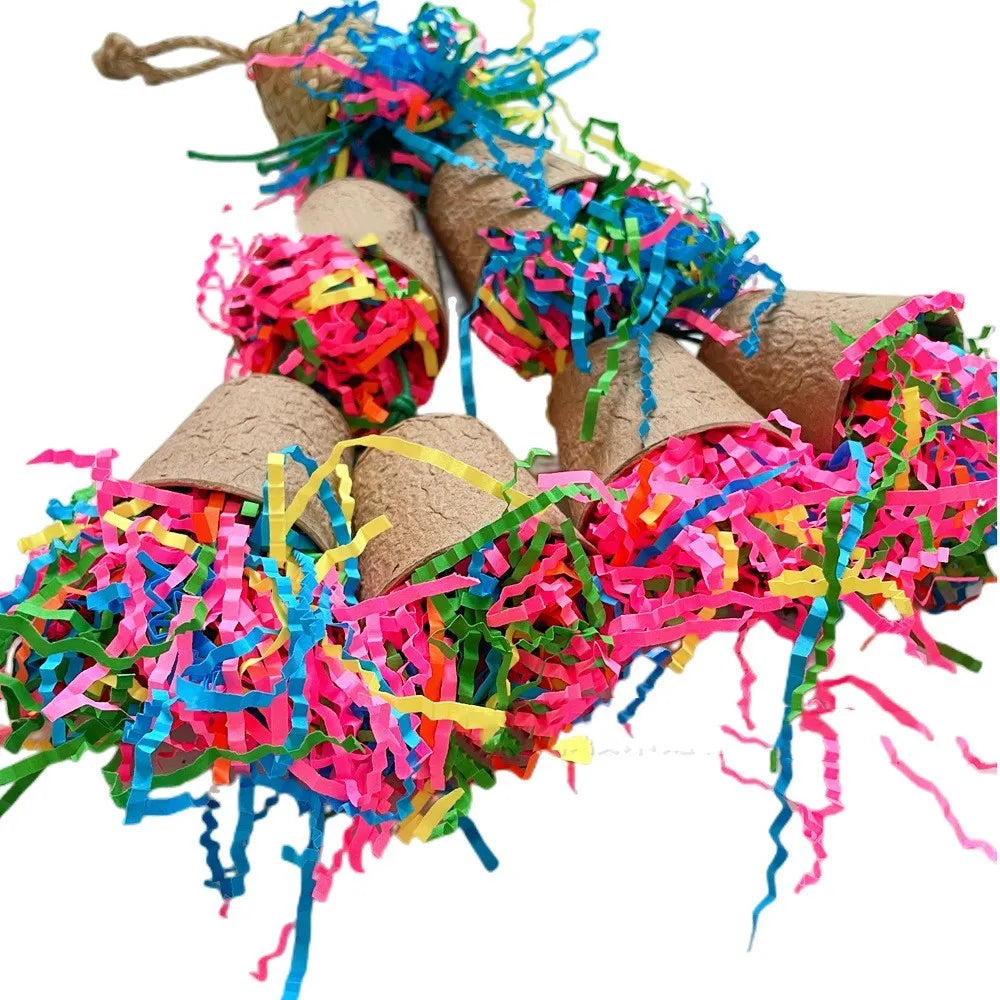 Parrot gnawing toy with paper cup and palm weaving construction hanging at 38cm height