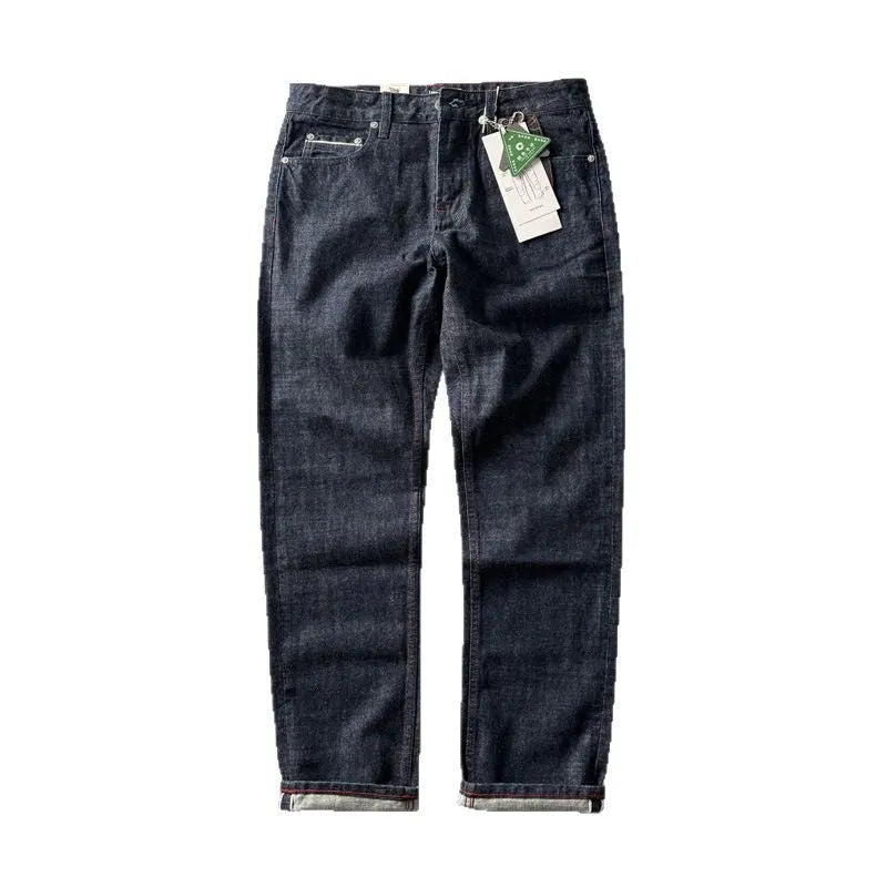 Men's straight leg denim trousers in primary colour with classic five-pocket styling
