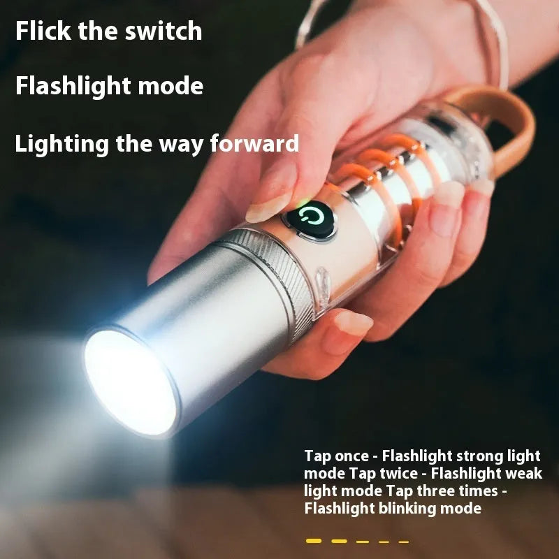 Orange and beige multifunctional flashlight with dual light source, hook attachment, and optical zoom feature