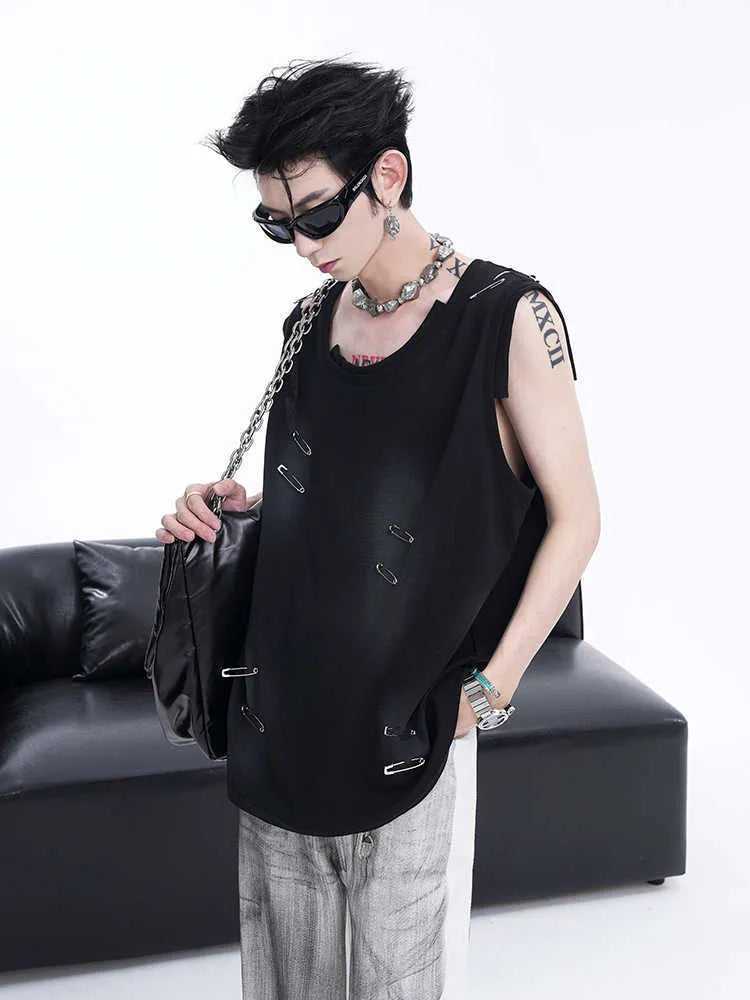 Men's black sleeveless waistcoat vest with irregular ripped cutting details and round neck collar
