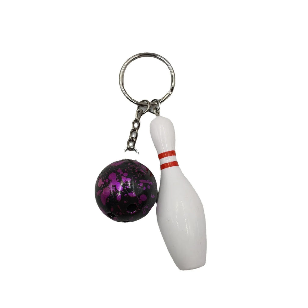 Mini bowling simulation keychain pendant in PVC metal showing four colour options