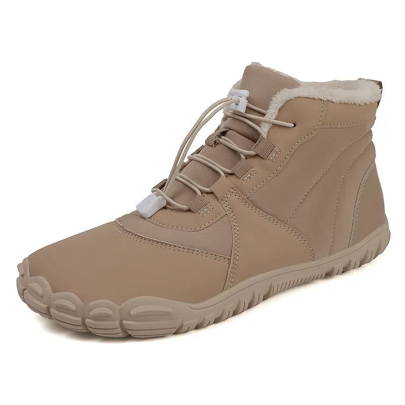 Waterproof unisex snow boots with fleece lining and non-slip rubber soles in black, pink, or khaki.