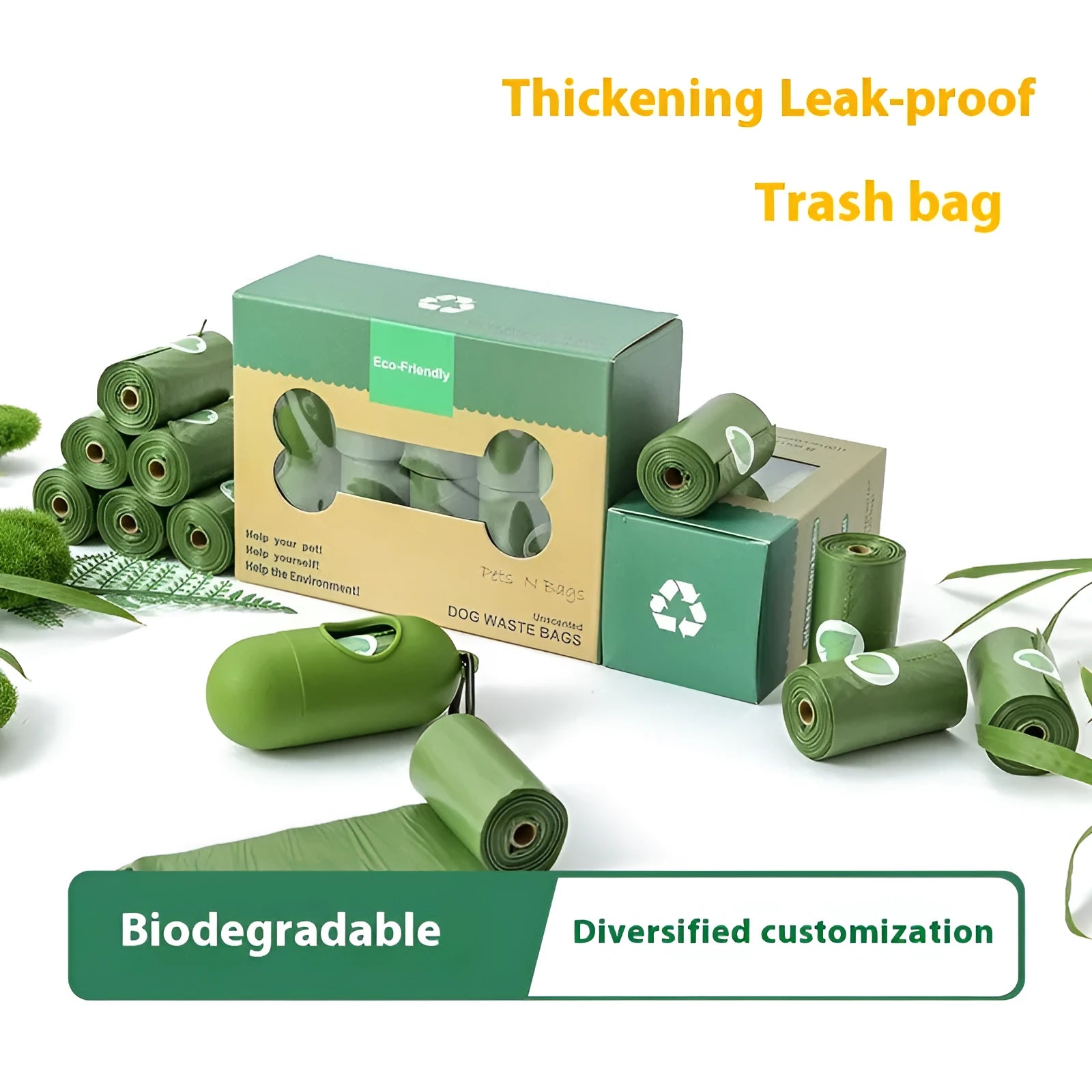 Rolls of green, black, blue, purple, and orange EPI degradable pet poo bags with a plastic dispenser.