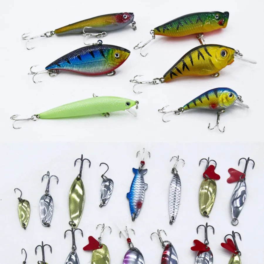 132-piece fishing lure set with soft baits and high carbon steel hooks in rose red treasure colour