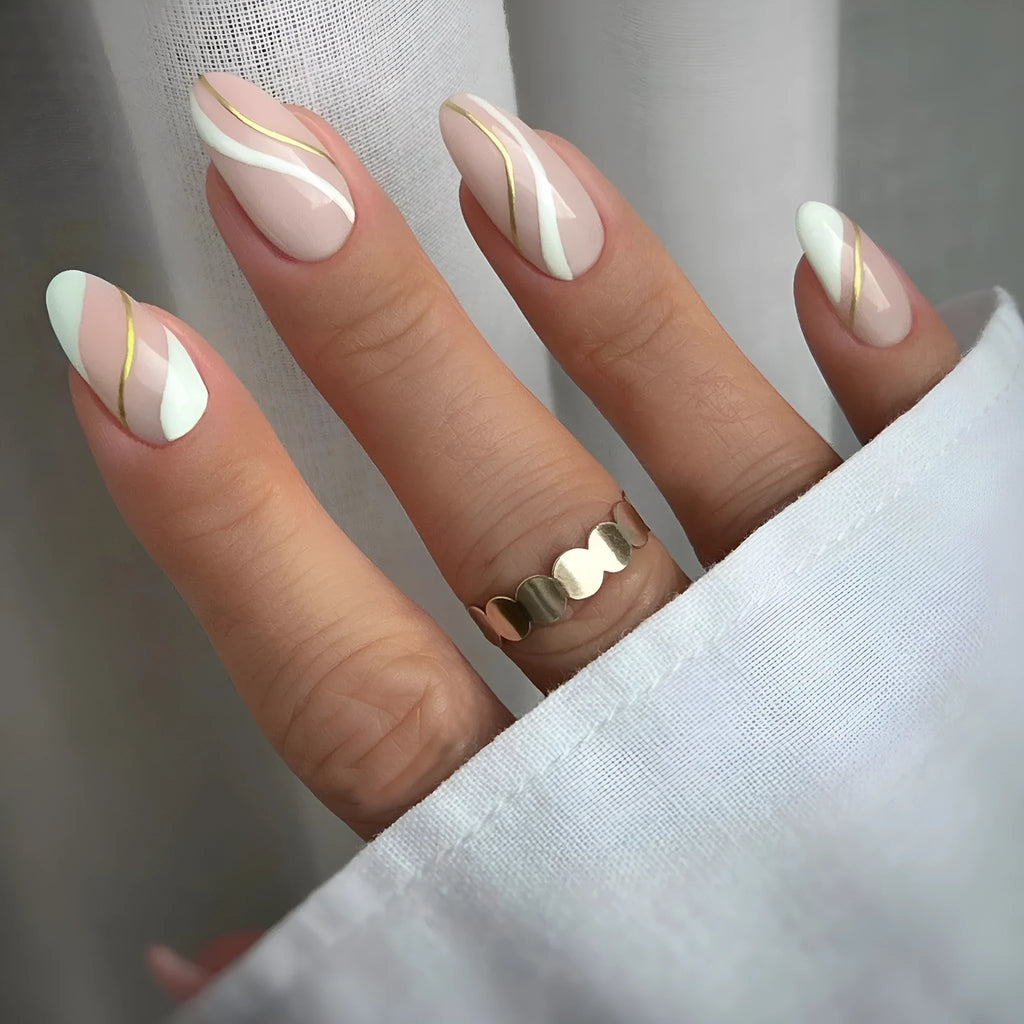 Golden Lines plaid pattern wearable nail stickers in JF0518 jelly glue colour, medium drop shape