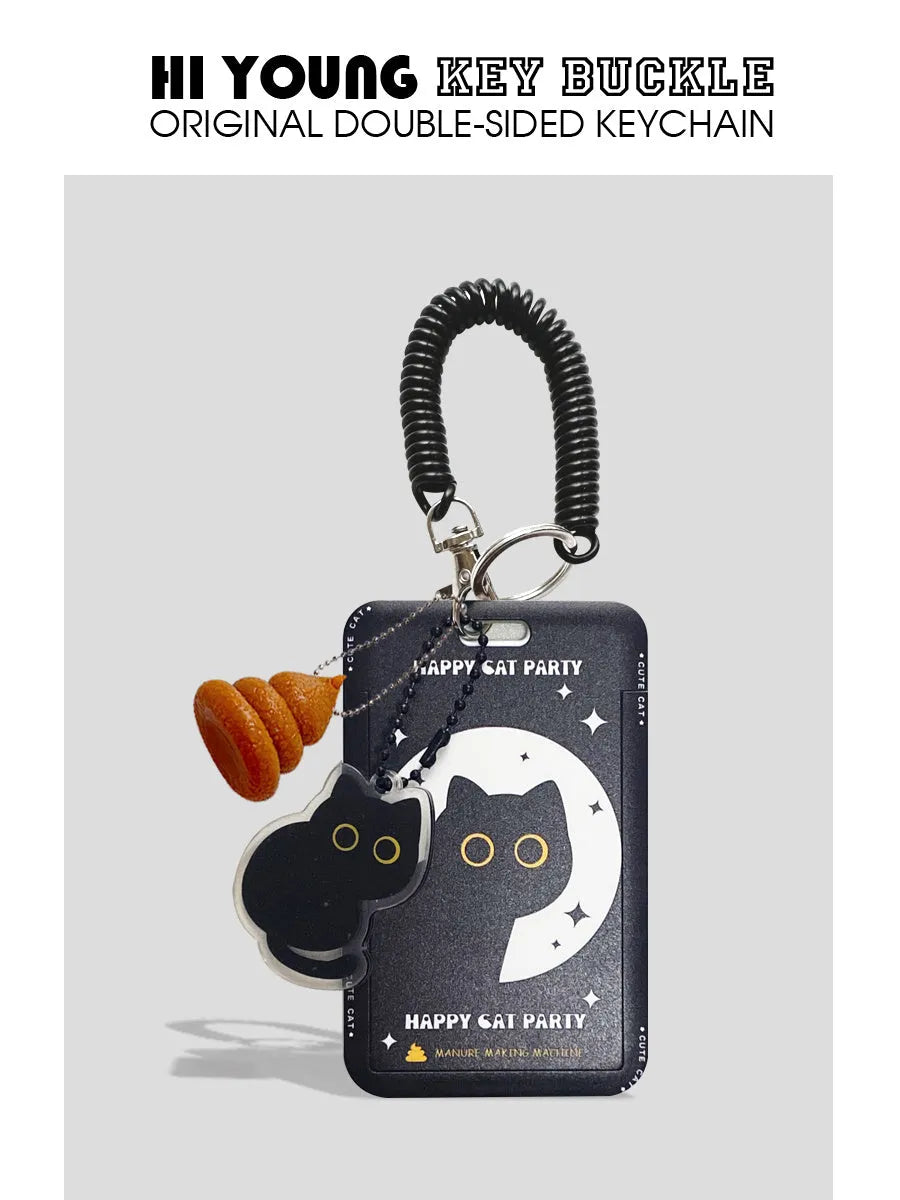 Cute black cartoon cat design plastic card holder with a metal ferrule pendant attached