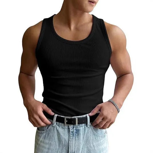 Men's tight fit round neck sports t-shirt in black, shown on a model for summer workouts.