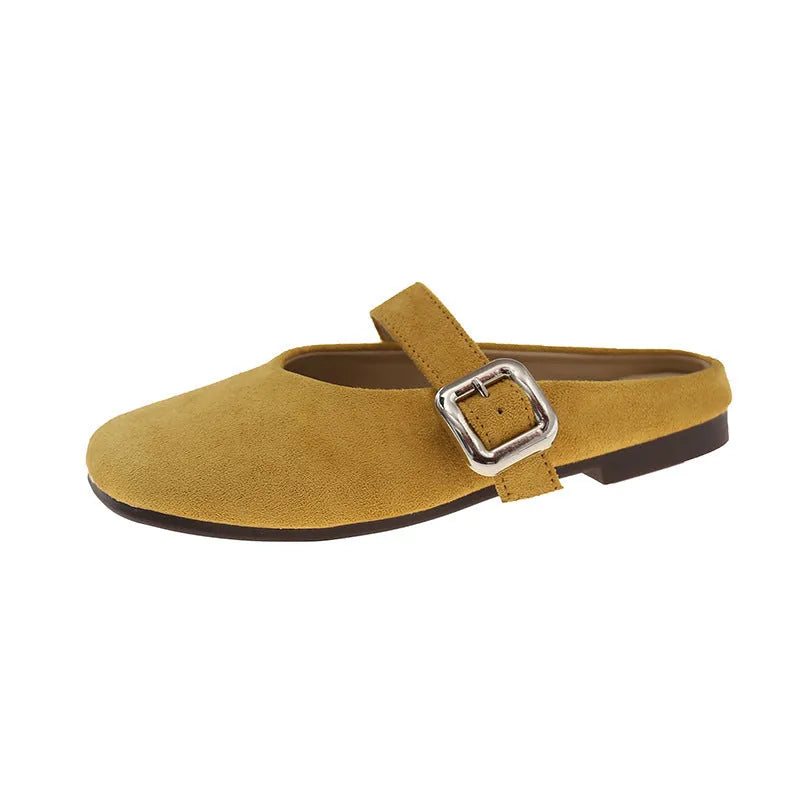 Women's flat closed toe half slippers in apricot colour with square head design and rubber sole