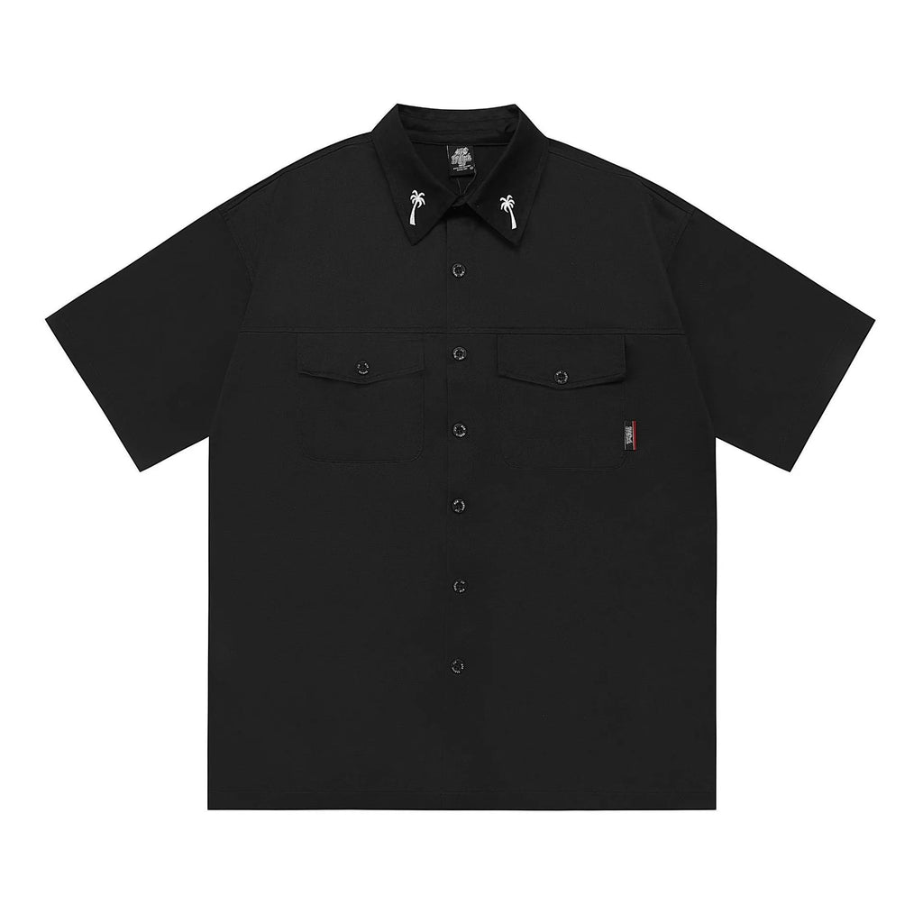 Men's loose fit half-sleeve pocket shirt in black, made from cotton blend fabric.