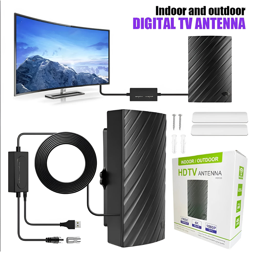 Black indoor digital television antenna with mounting accessories including expansion tubes, screws, cable ties, and adhesive tape