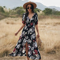 Yellow floral print women's summer dress with V-neck and elastic waist on a hanger