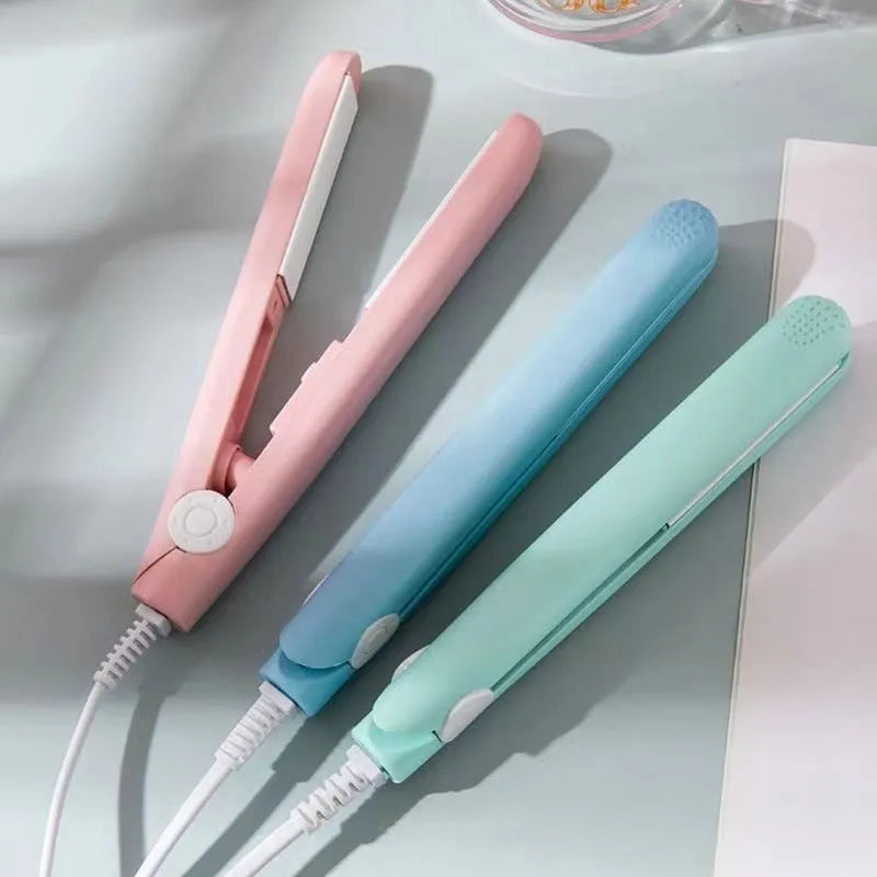 Mini hairdressing splint hair straightener with storage box in blue, pink, purple, white, or yellow colour.