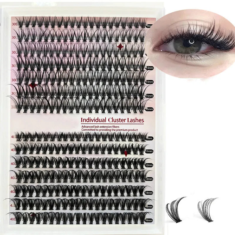 DIY cluster lashes mixed package showing 30D and 40D false eyelashes with tweezers