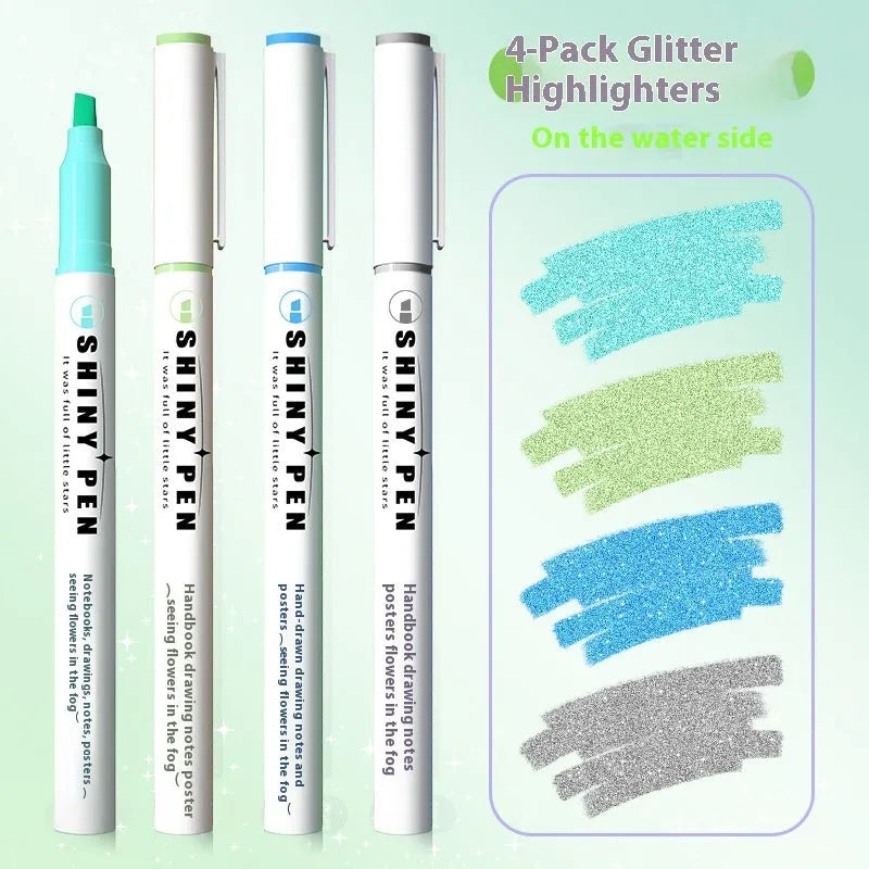 Four glitter highlighter pens with slanted 4mm tips in assorted fluorescent colours