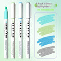 Four glitter highlighter pens with slanted 4mm tips in assorted fluorescent colours