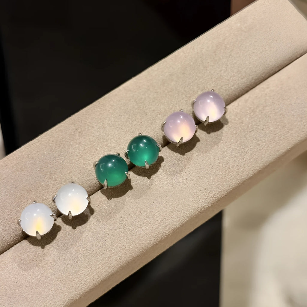 Chinese retro style chalcedony stud earrings with round egg surface design in three colours