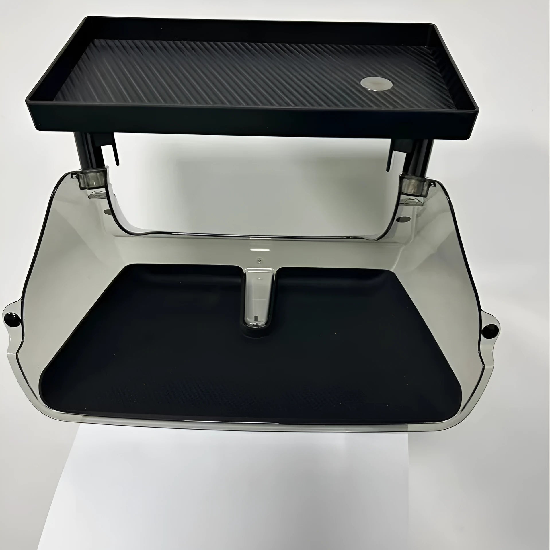 White ABS storage box for Tesla Model 3 and Y centre console, shown with napkin box inside.