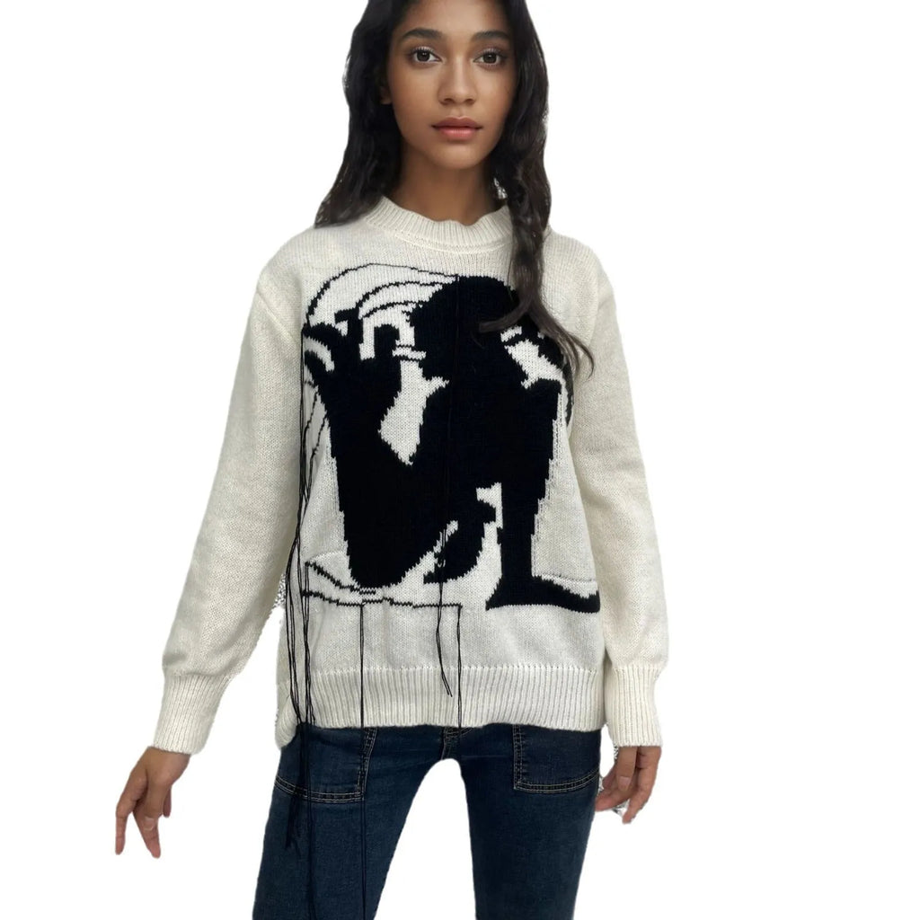 Grey women's alpaca wool sweater with abstract pattern and tassel design details