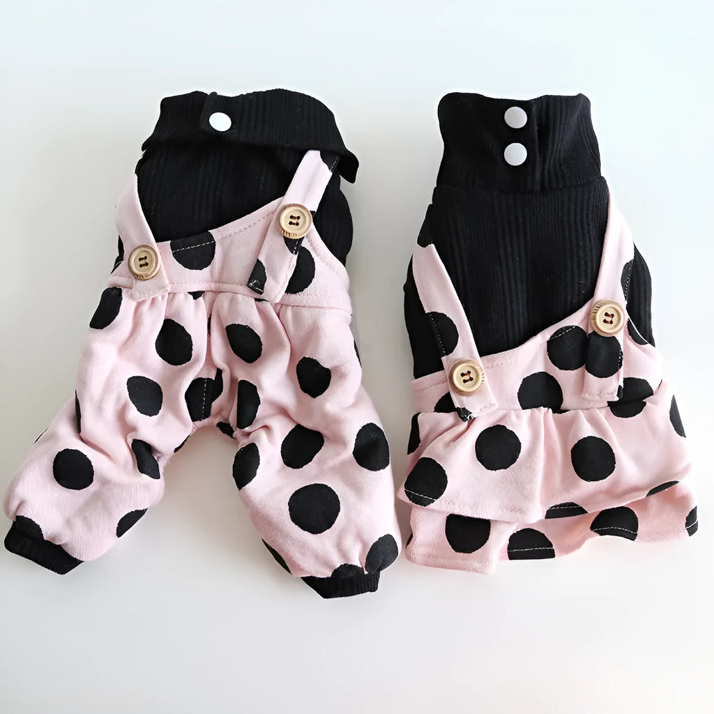 Pet clothing with lapel shoulder straps in couple design, available in four-legged and skirt styles
