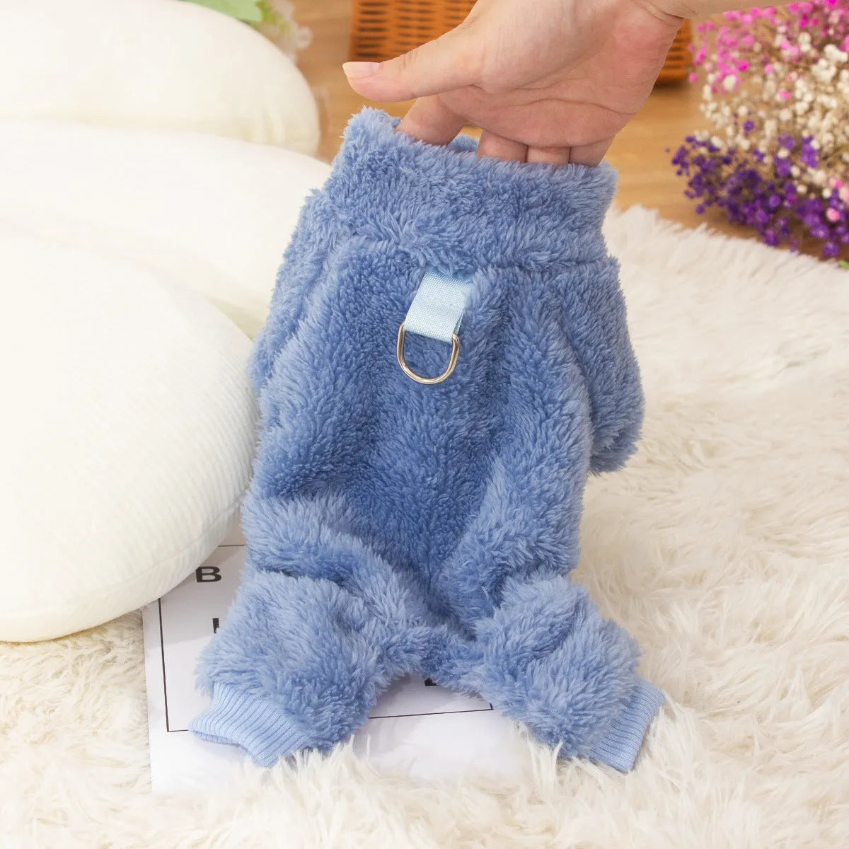 Double-sided plush dog clothing with high collar and four-legged design in blue colour
