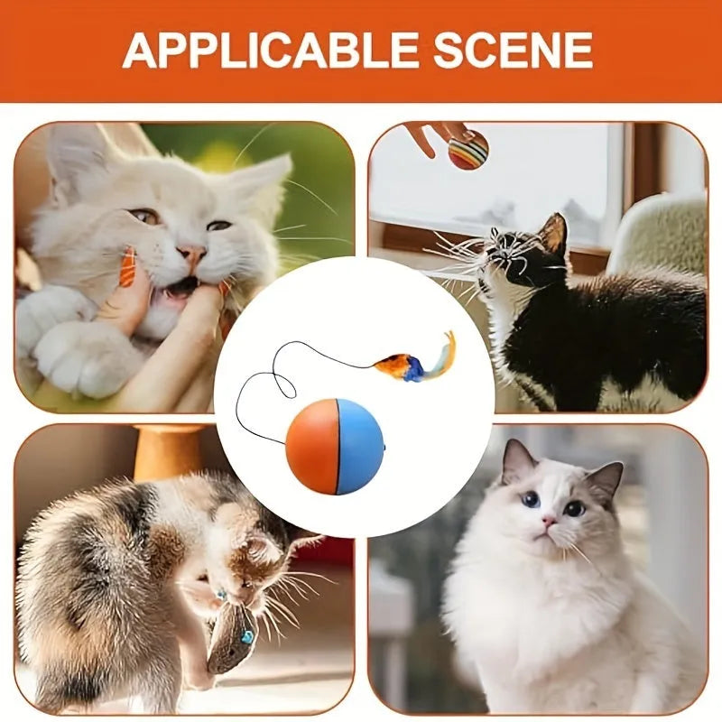 Interactive blue and orange cat toy ball with plush mouse attachment for feline exercise