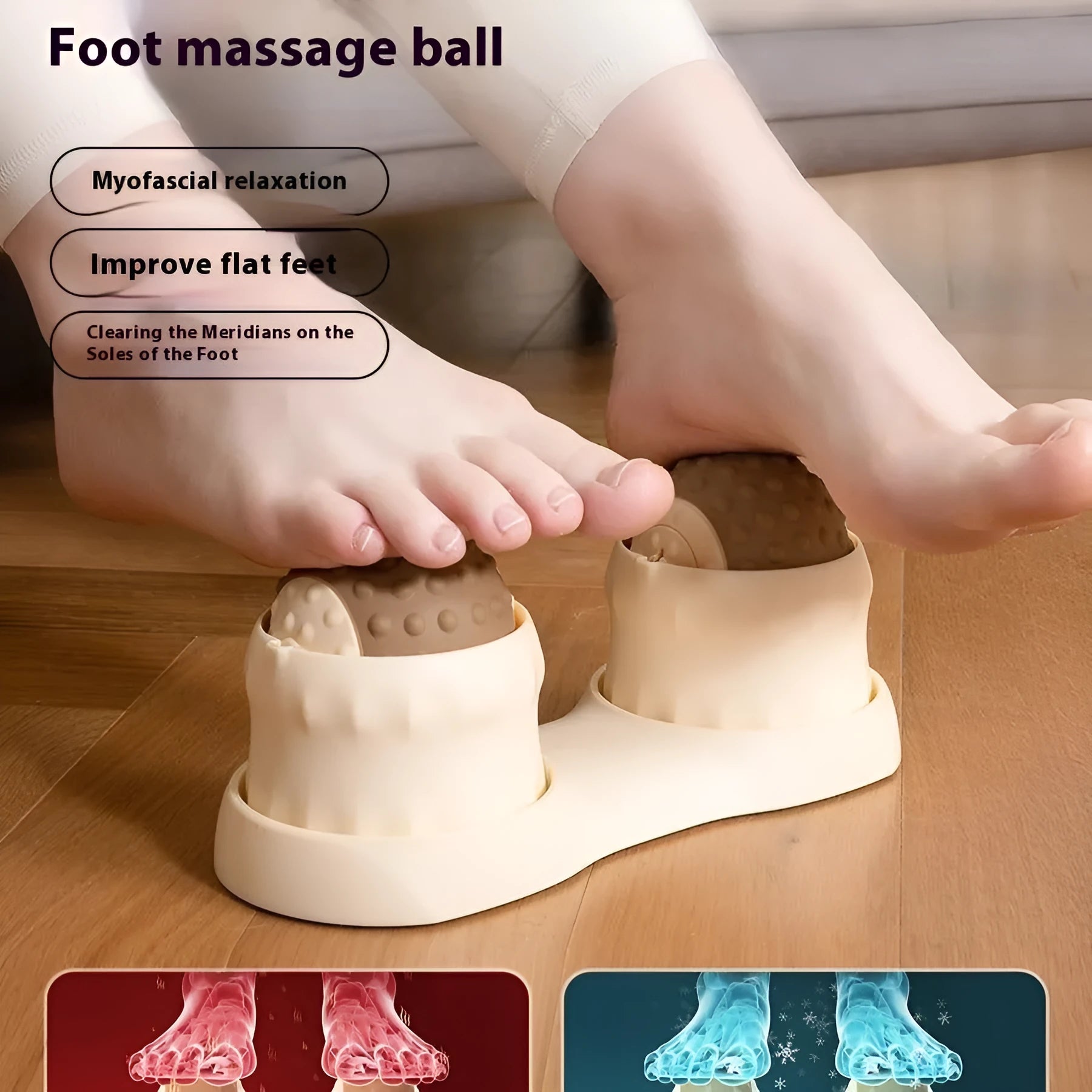Caramel mocha coloured double massage ball set for hot and cold compress therapy on a wooden floor.
