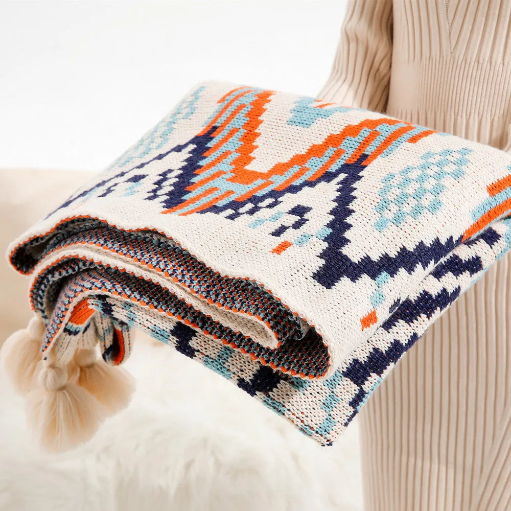 Bohemian-style acrylic sofa cover blanket with tassel fringe in geometric pattern
