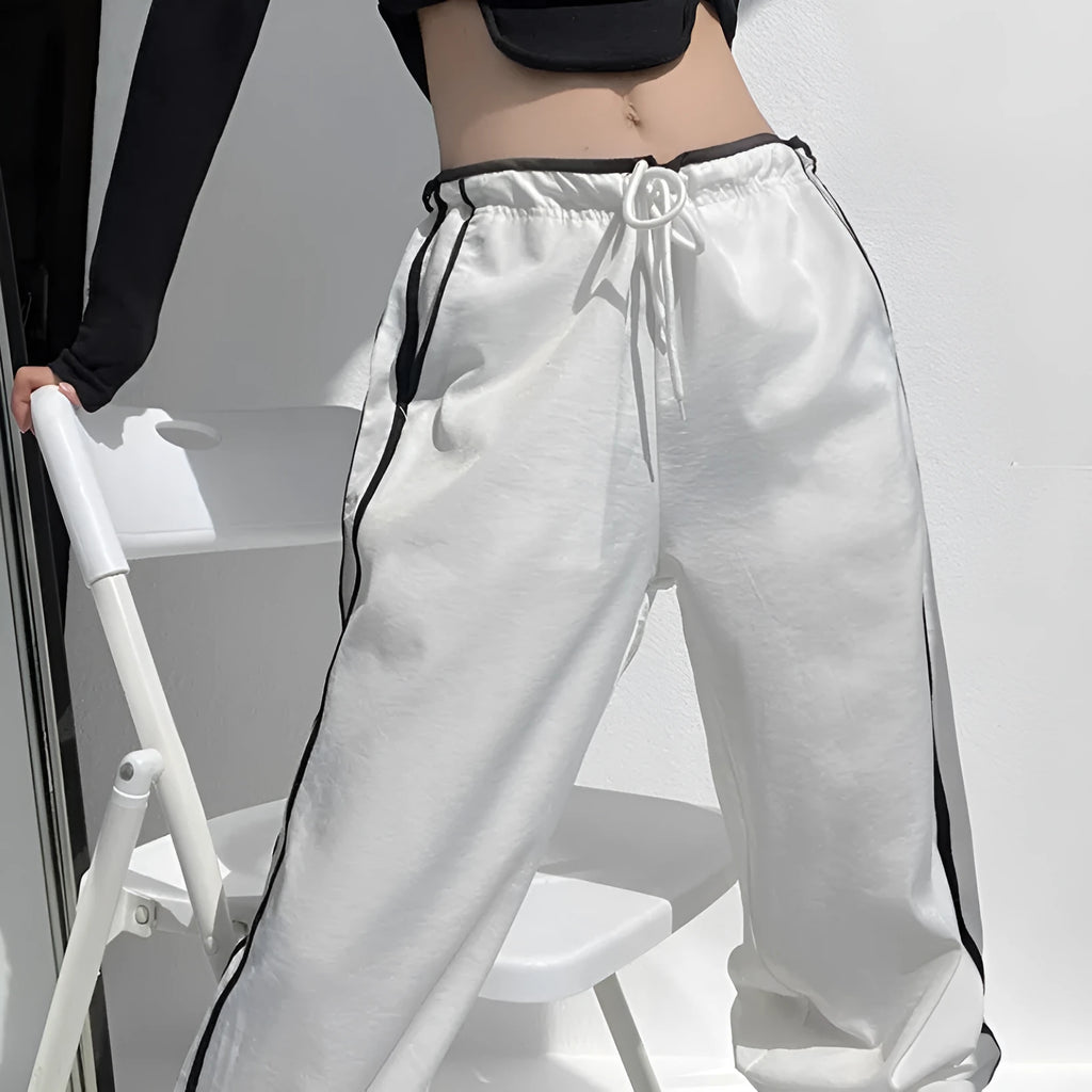 Ribbon parallel bars contrast colour loose straight slim draping trousers in thin fabric