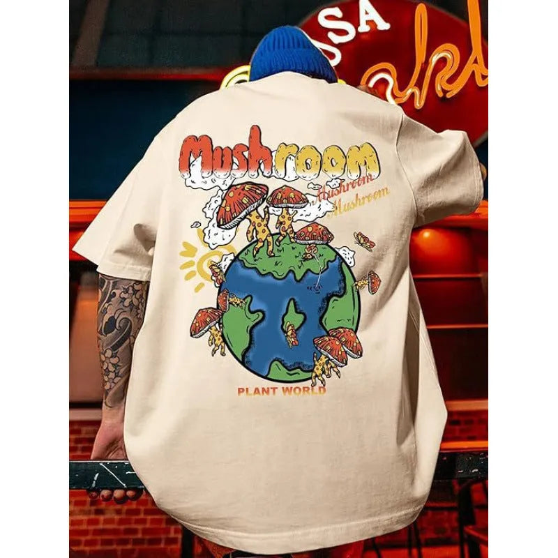 Men's printed short-sleeve street sports t-shirt on a hanger showing one of ten colour designs.