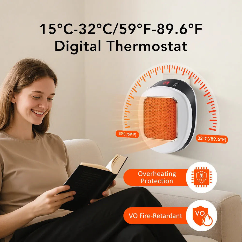 White portable ceramic electric fan heater with remote control on a table.