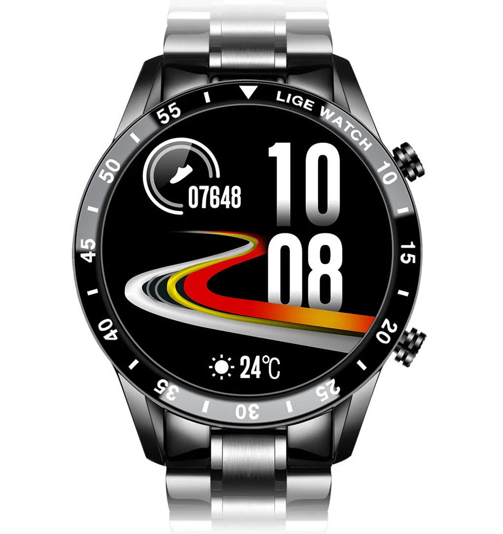 Stainless steel smart watch with black band and 1.3 inch screen displayed on wrist.