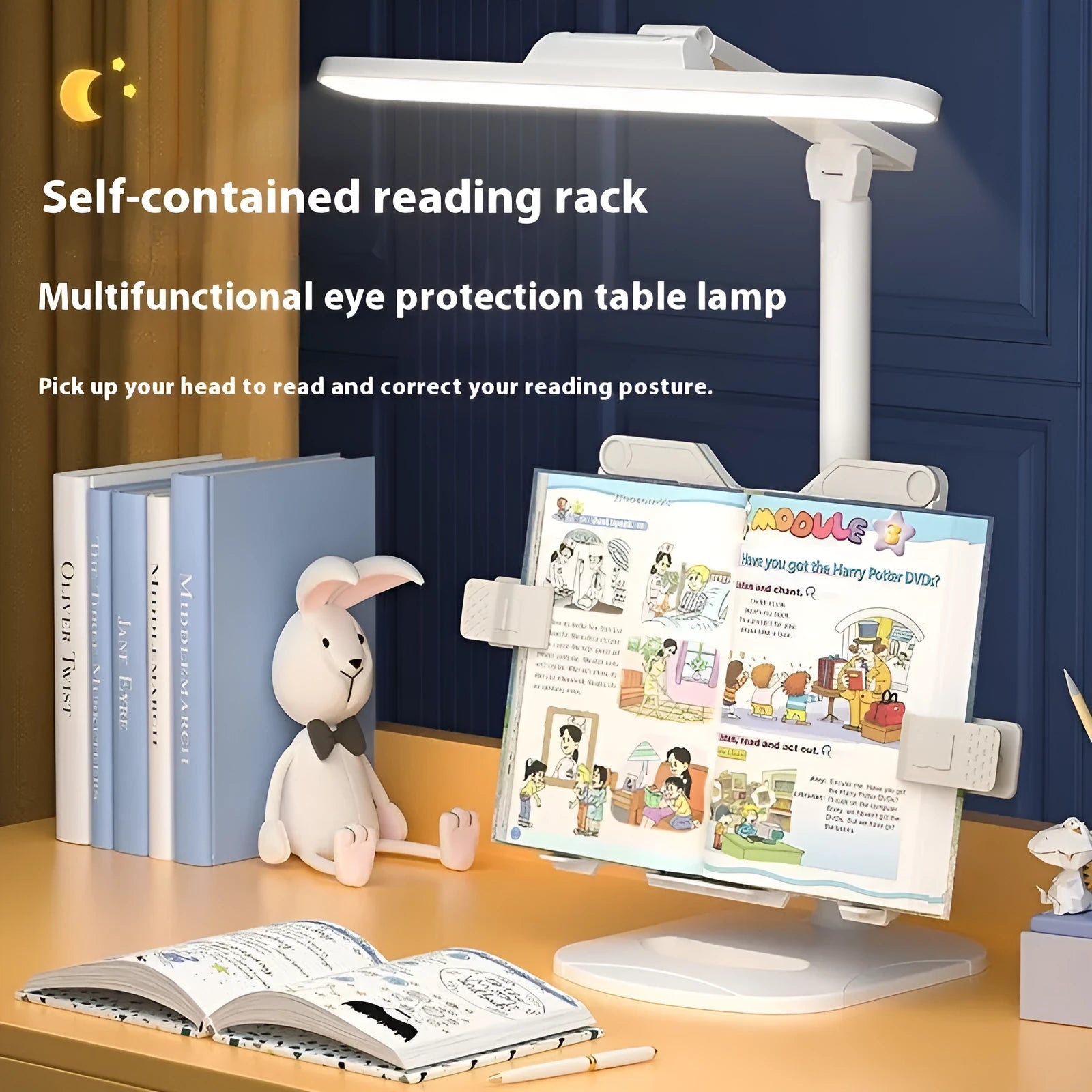 Adjustable desk lamp with integrated bookshelf showing three colour temperature settings and USB charging port