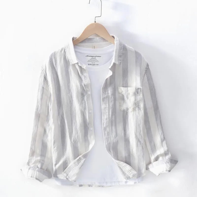 Men's loose fit Hong Kong style shirt in blue with long sleeves for spring and summer