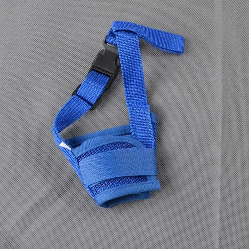 A black adjustable plastic mesh dog muzzle shown on a size chart with options for blue, pink, purple, and red.