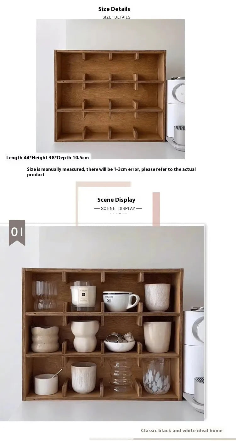 Square solid wood storage rack with multiple grid compartments for cups in a birch wood finish.