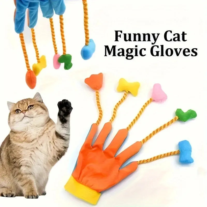 Yellow and blue plush cat toy with magic glove and integrated bell on white background