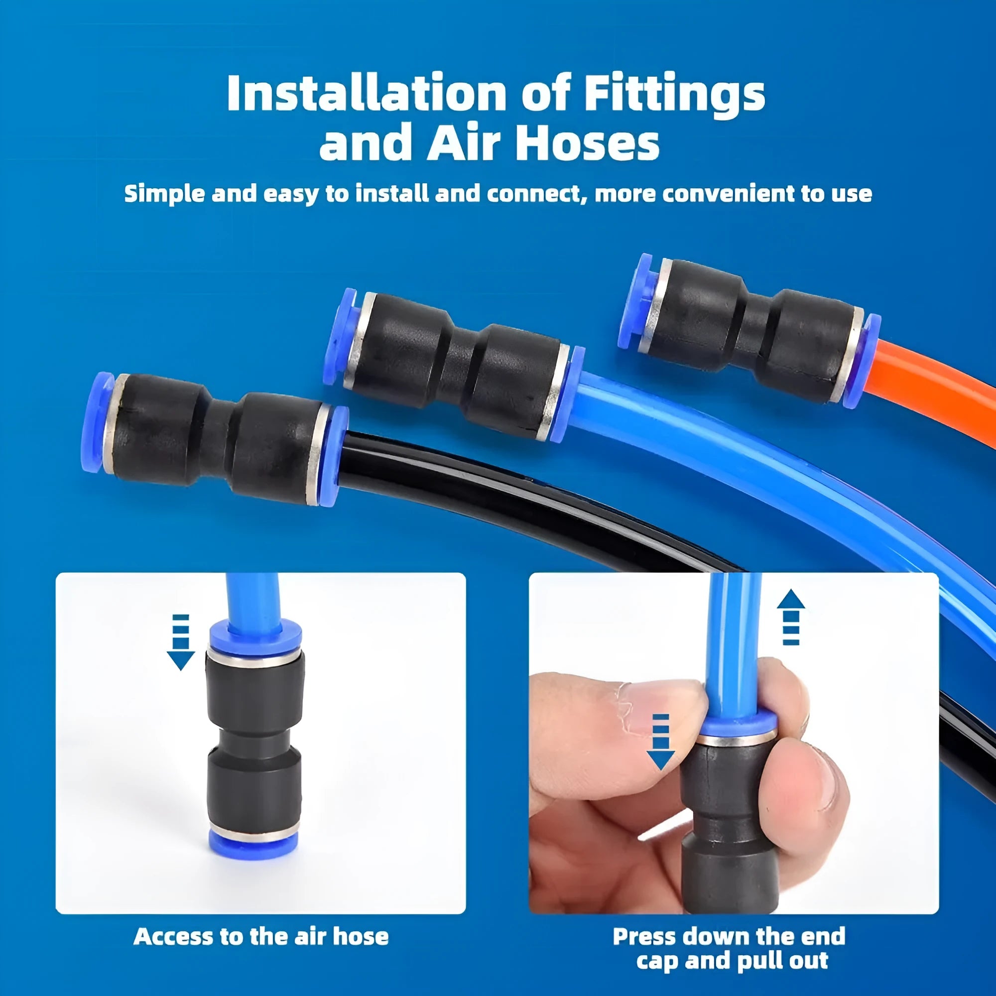 60-piece quick pneumatic push-in connector set with 1/4-inch and 1/2-inch thread sizes